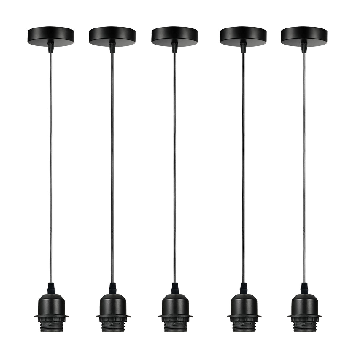 5 Pack Industrial Black Pendant Light Holders with 95cm Cable – E27 Vintage Ceiling Fittings