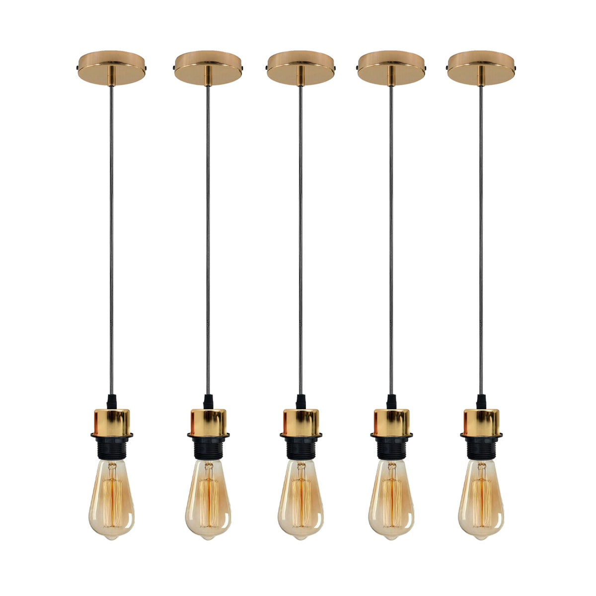Industrial French Gold Pendant Light 5 Pack with E27 Holder & 95cm PVC Cable – Retro Lampshade-Ready Kit