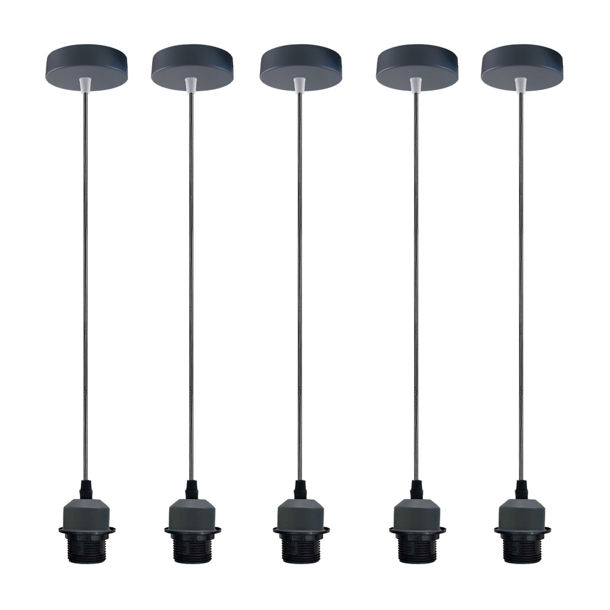 Industrial Grey Pendant Light 5 Pack with E27 Holder & 95cm PVC Cable – Retro Lampshade-Ready Kit