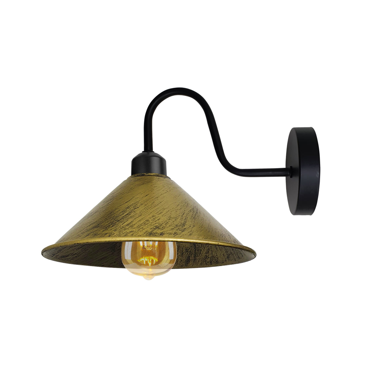 Vintage Swan Neck Wall Light with Cone Shade and E27 Socket – Dimmable Indoor Wall Sconce, Brushed Brass