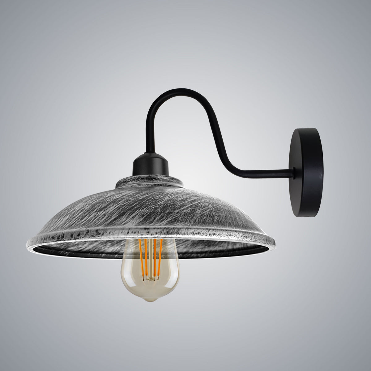 Vintage Hemisphere Wall Light with Swan Neck and E27 Socket – Dimmable Indoor Sconce, Brushed Silver
