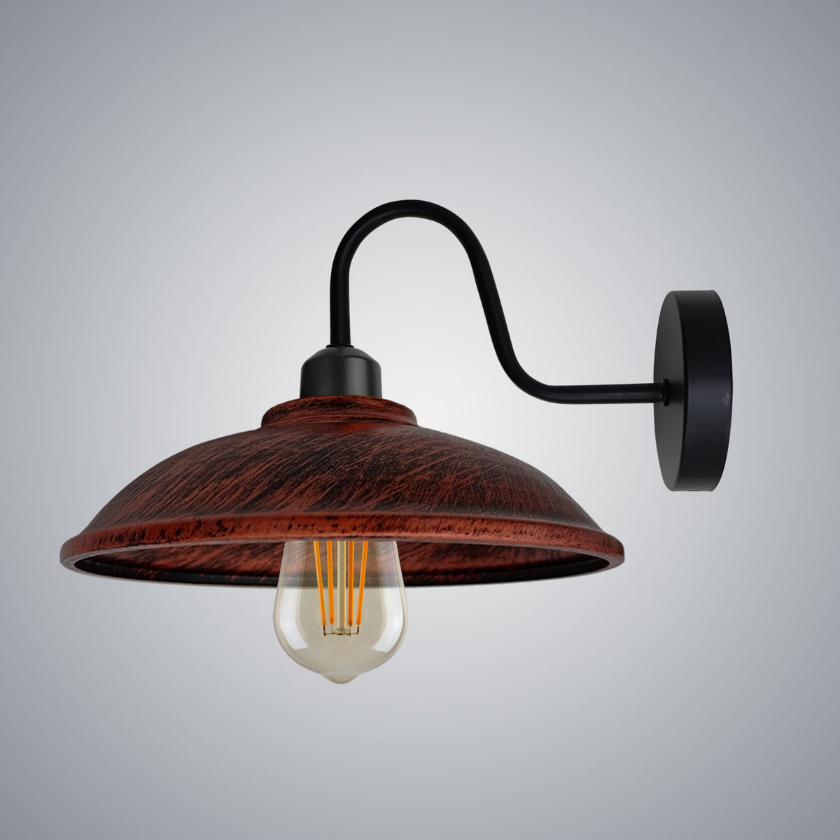 Vintage Hemisphere Wall Light with Swan Neck Arm & E27 Socket – Dimmable Metal Sconce, Rustic Red