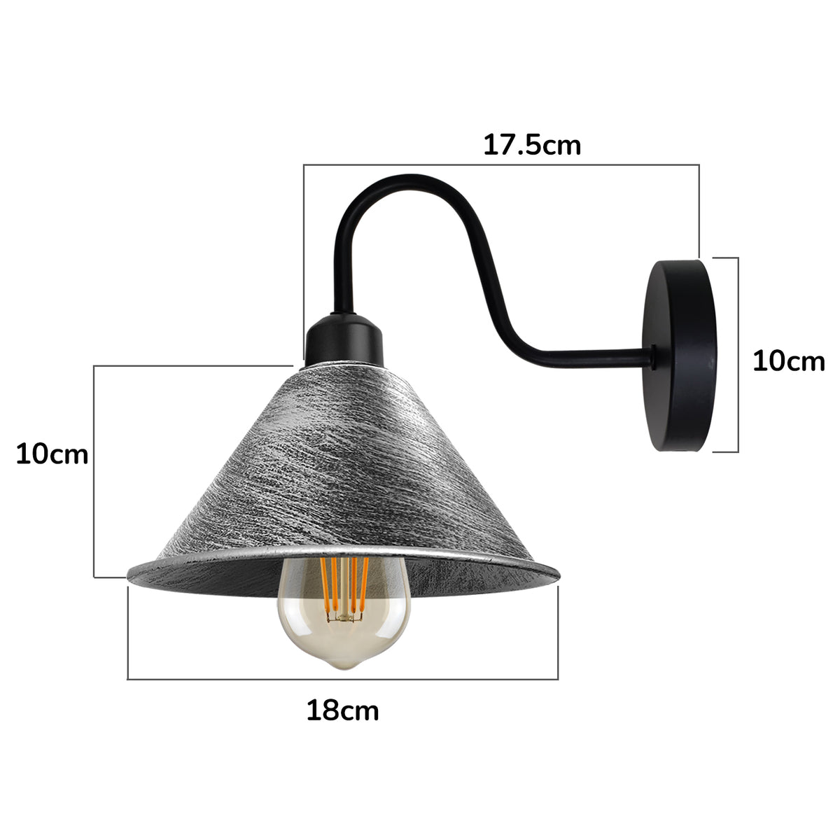 Vintage Cone Wall Light with Swan Neck and E27 Socket – Dimmable Indoor Sconce, Brushed Silver