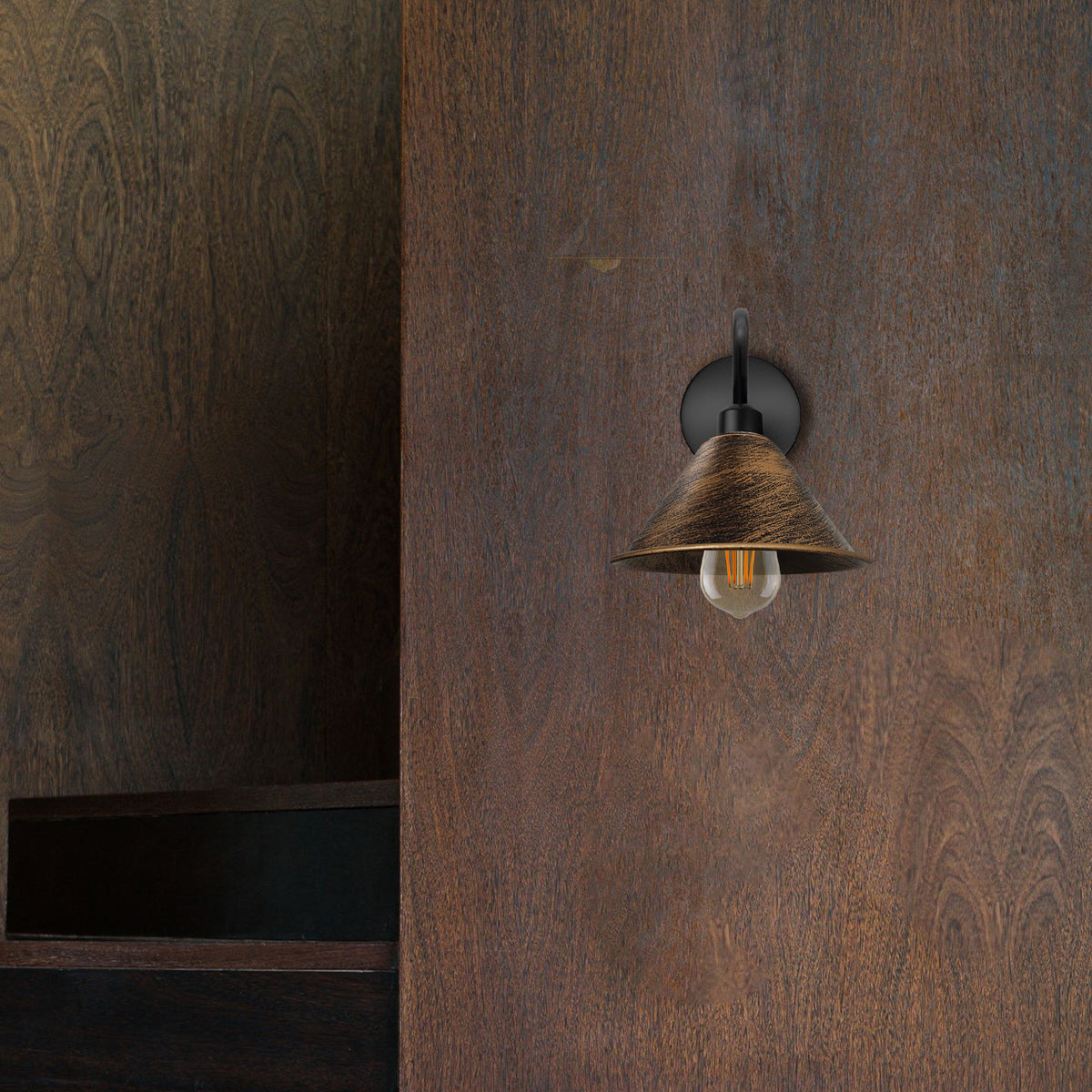 Vintage Cone Wall Light with Swan Neck and E27 Socket – Dimmable Indoor Sconce, Brushed Copper