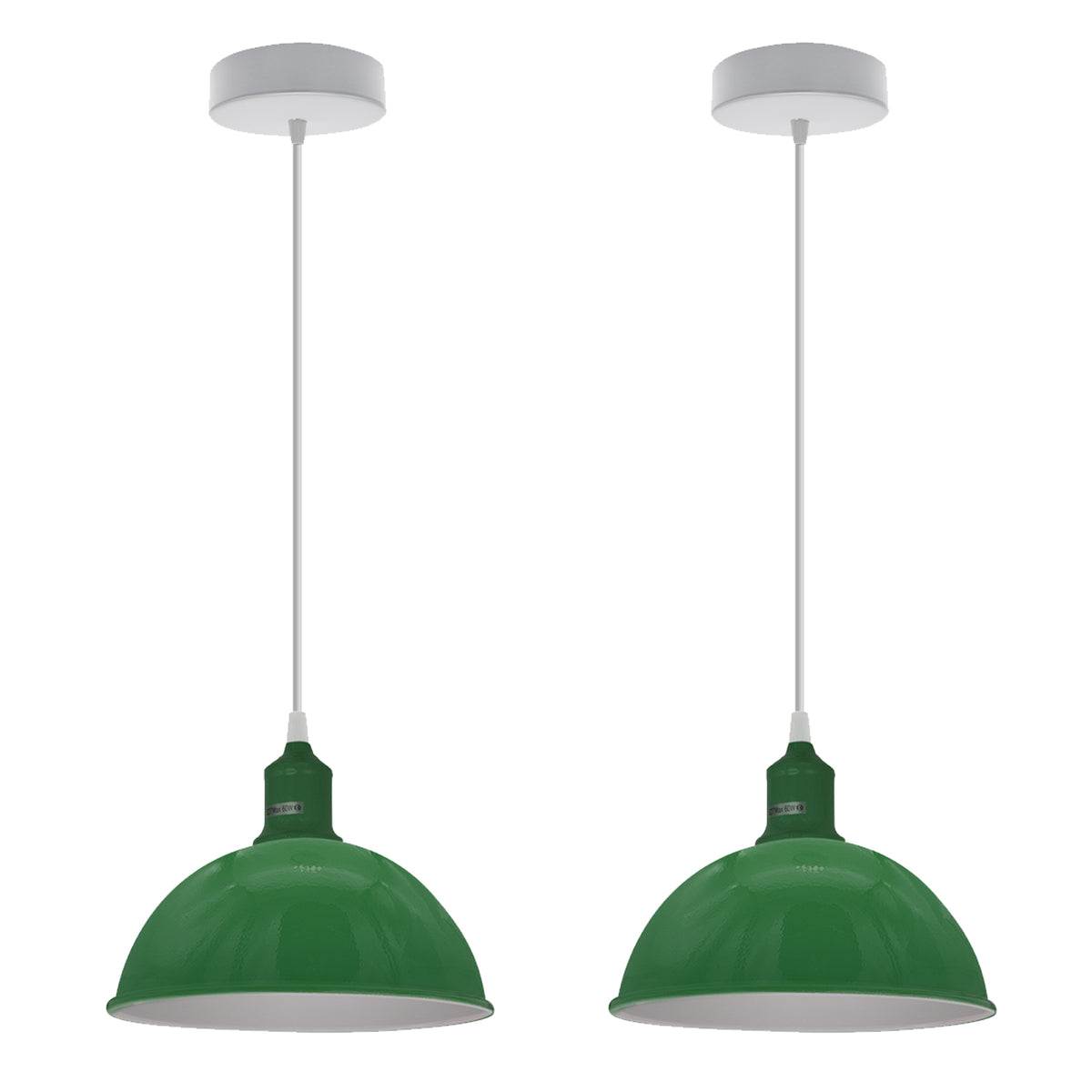 Dome Metal Pendant Lights, Set of 2 – Green Loft Style with White Interior, 21cm, E27