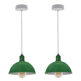 Loft Style Dome Metal Pendant Lights, Pack of 2 – 21 cm Green Shades with White Interior & E27 Holders