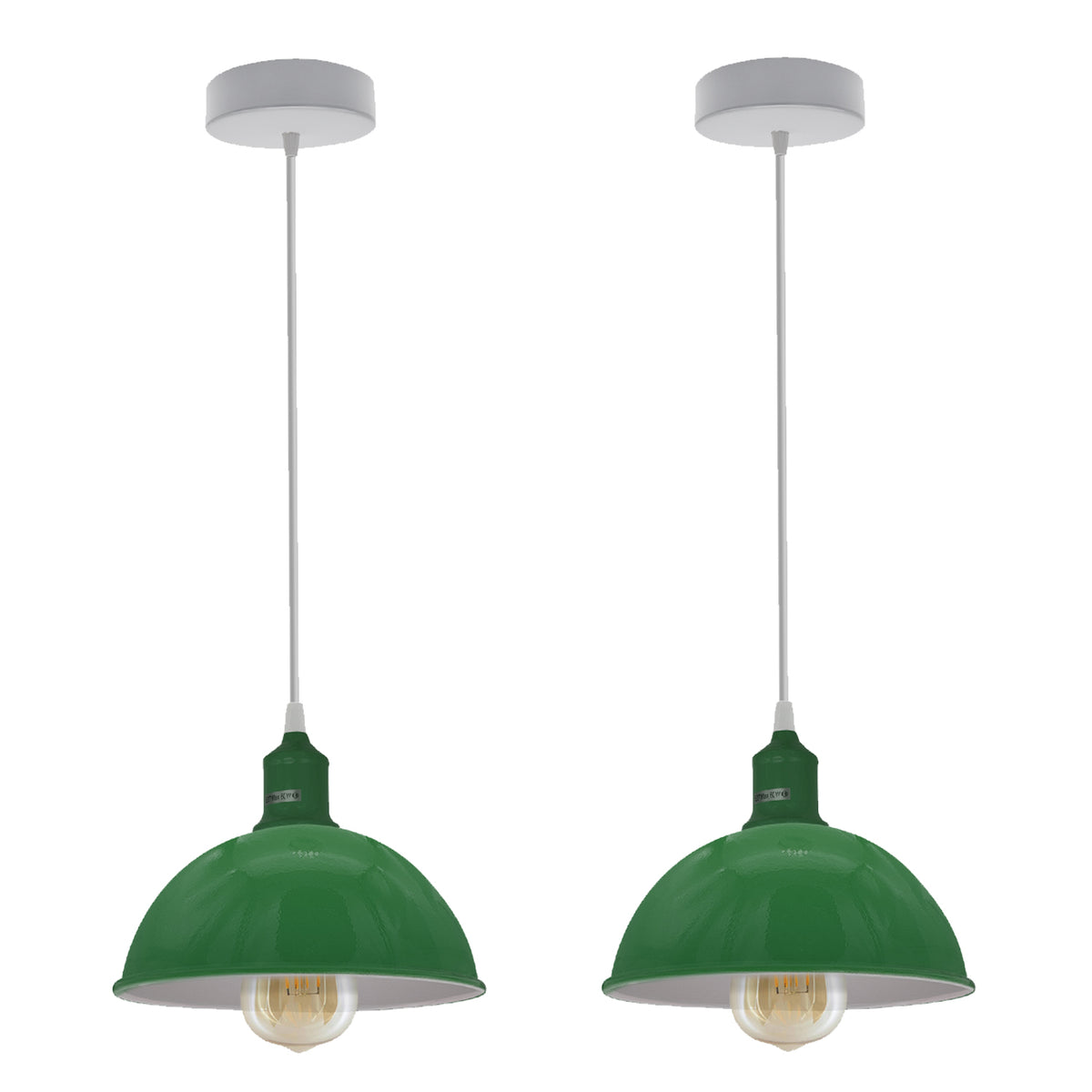 Loft Style Dome Metal Pendant Lights, Pack of 2 – 21 cm Green Shades with White Interior & E27 Holders