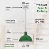 Loft Style Dome Metal Pendant Lights, Pack of 2 – 21 cm Green Shades with White Interior & E27 Holders