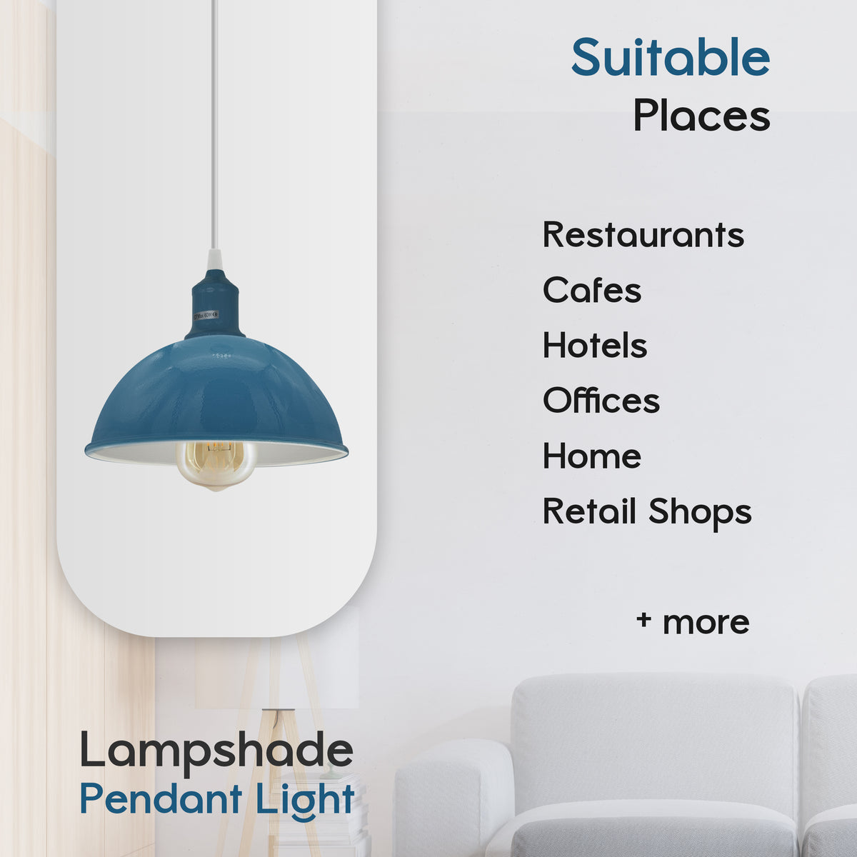 Cyan Blue Dome Metal Pendant Shades, 21cm – 2 Pack