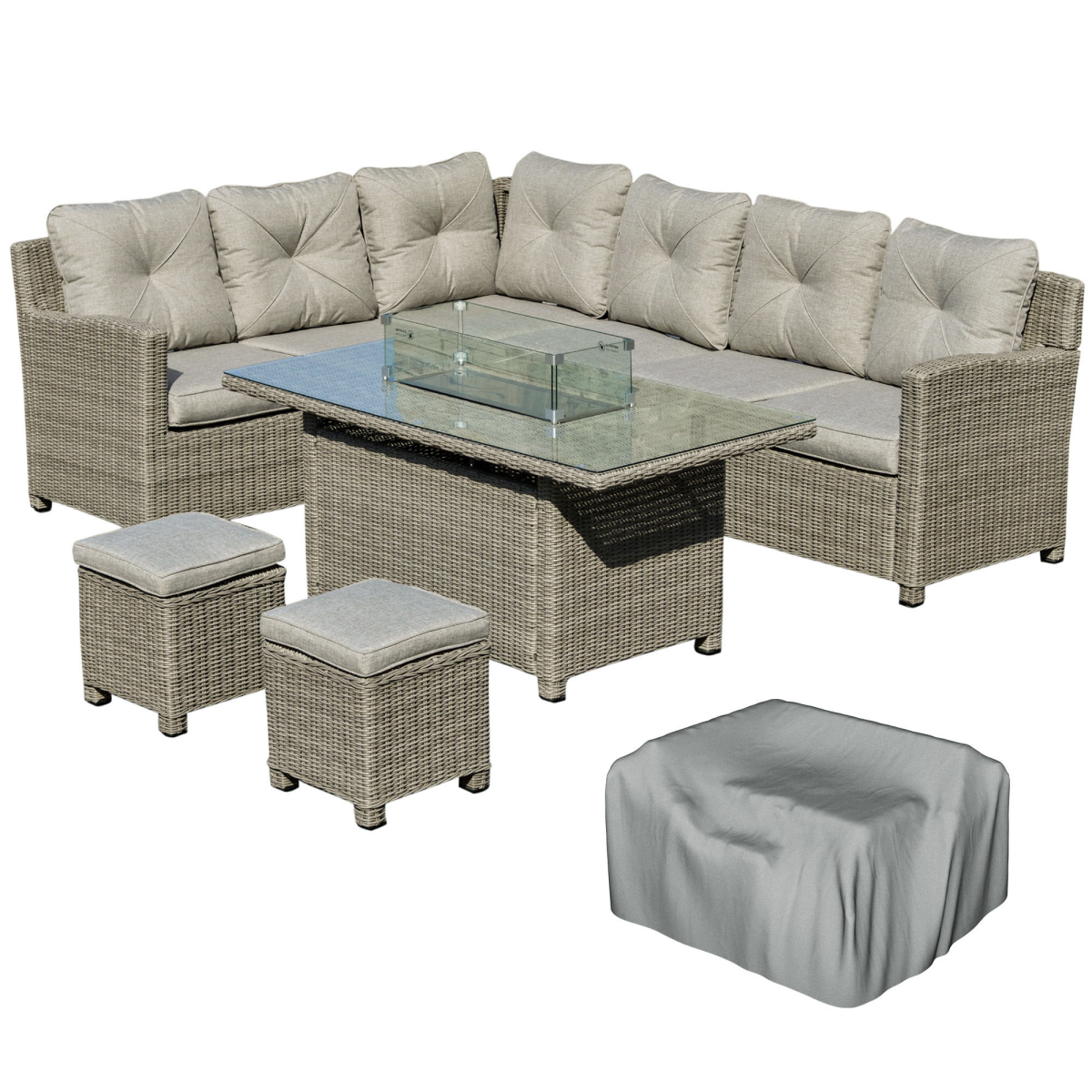 Outsunny Rattan L-Shape Sofa Set with fire pit table - front view
