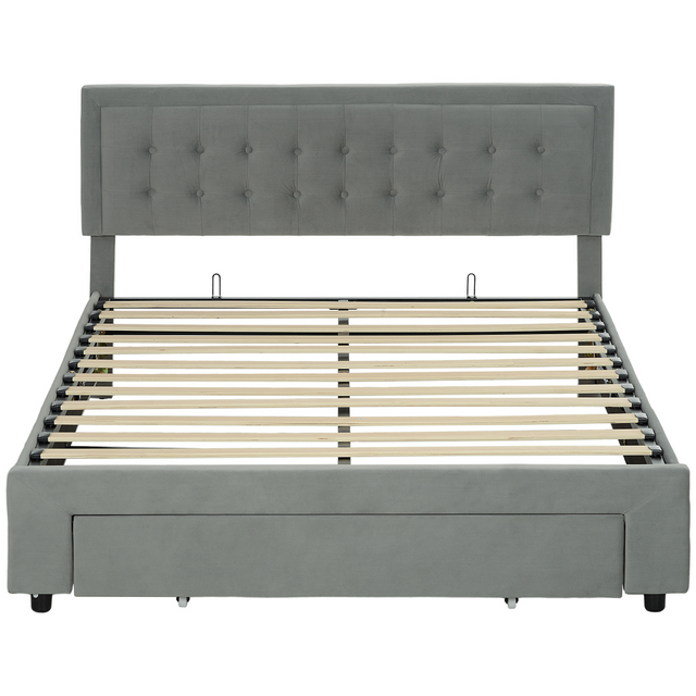 Double storage bed with velvet headboard