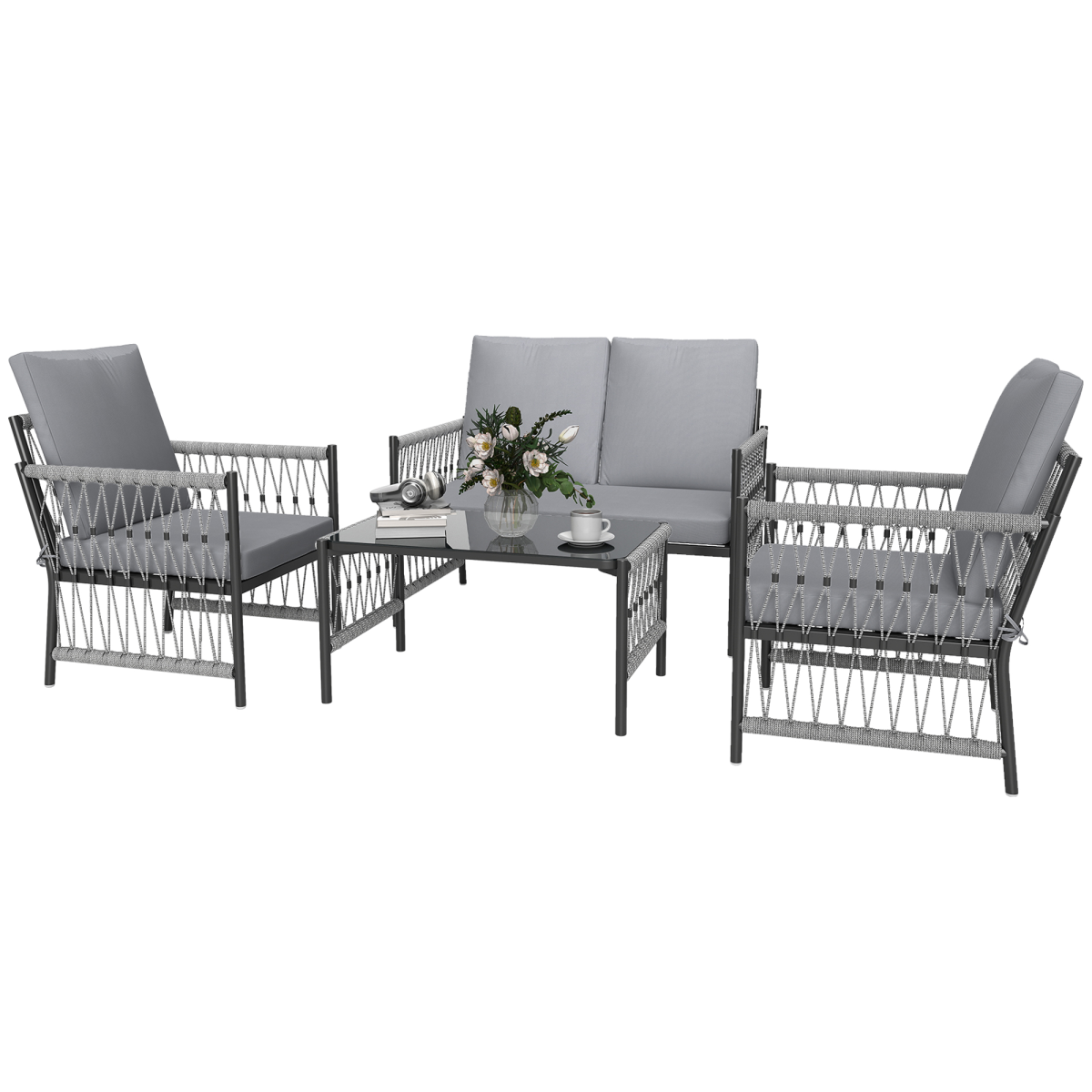 Outsunny 4-seater rattan garden sofa set with glass-top coffee table