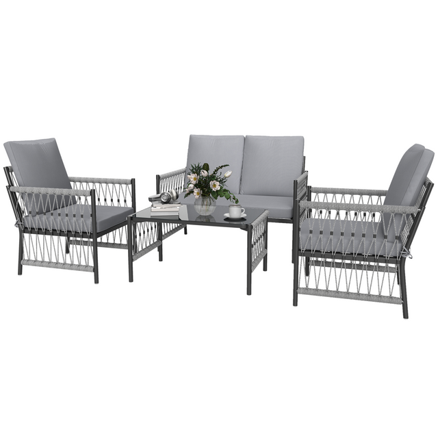 Outsunny 4-seater rattan garden sofa set with glass-top coffee table