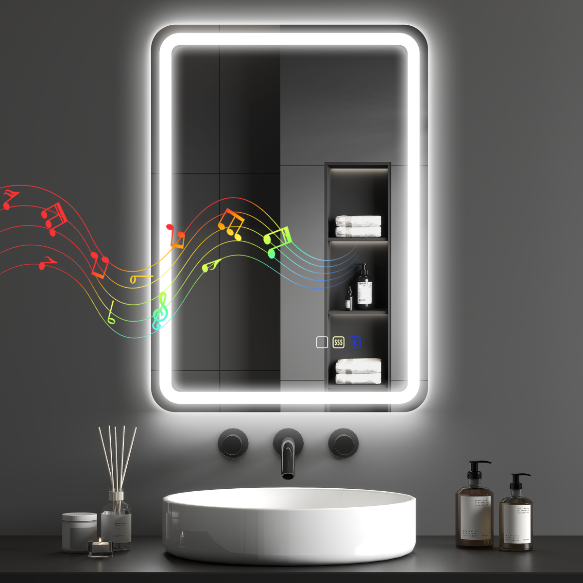 Illuminated bathroom mirror with Bluetooth