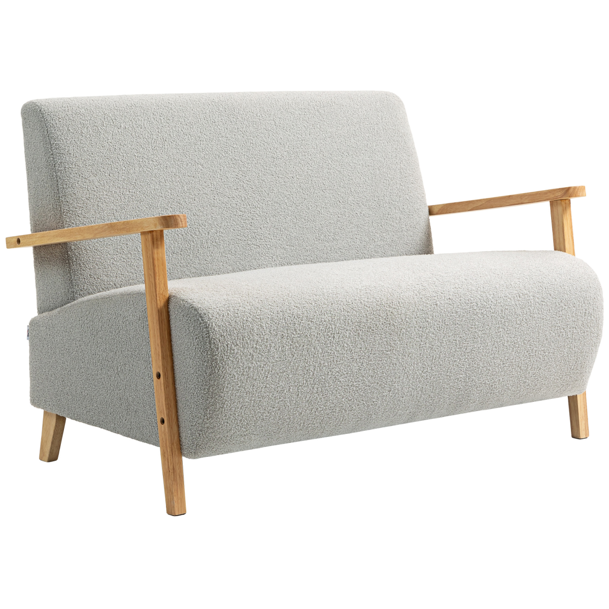 Cream sherpa loveseat sofa with wood arms