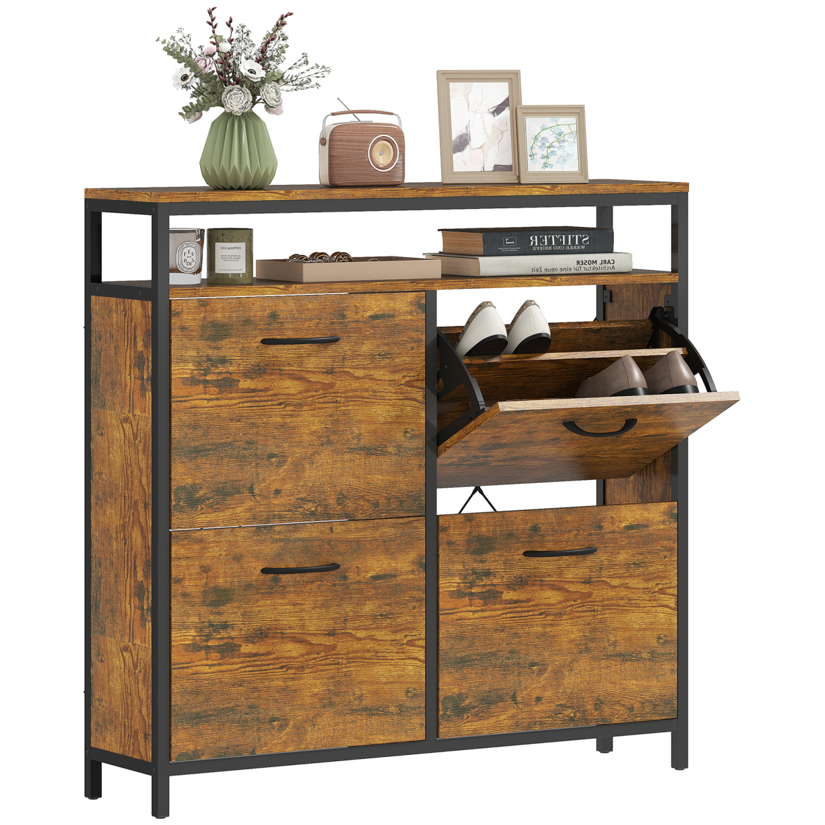 Cement grey 4 flip drawer shoe cabinet