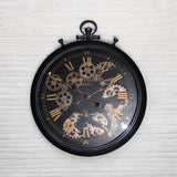 60cm Black & Gold Roman Numeral Wall Clock with Moving Gears – Large Statement Clock with Iron Frame