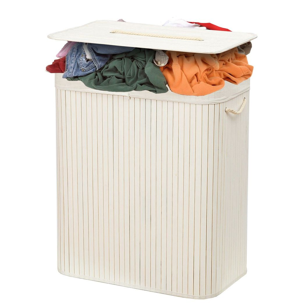 Rectangular Bamboo Laundry Basket with Lid, Divider & Rope Handles – Storage Organiser for Bathroom & Laundry Room, White