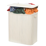 Rectangular Bamboo Laundry Basket with Lid, Divider & Rope Handles – Storage Organiser for Bathroom & Laundry Room, White