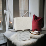 Cream Cement Table Lamp with Diamond Pattern Base & Empire Fabric Shade – Art Deco Style