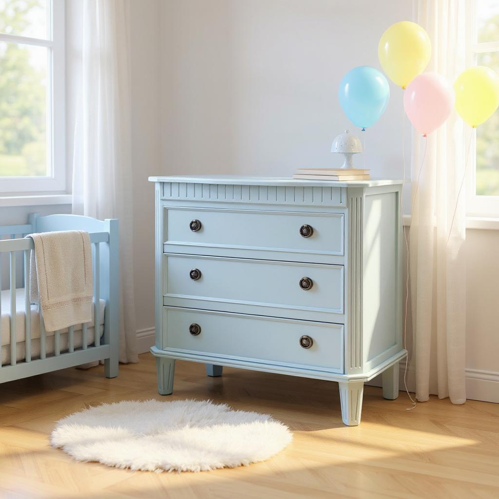 Carved 3-Drawer Chest Console Table with Antique Bronze Handles – Painted Hallway Storage, Sky Blue