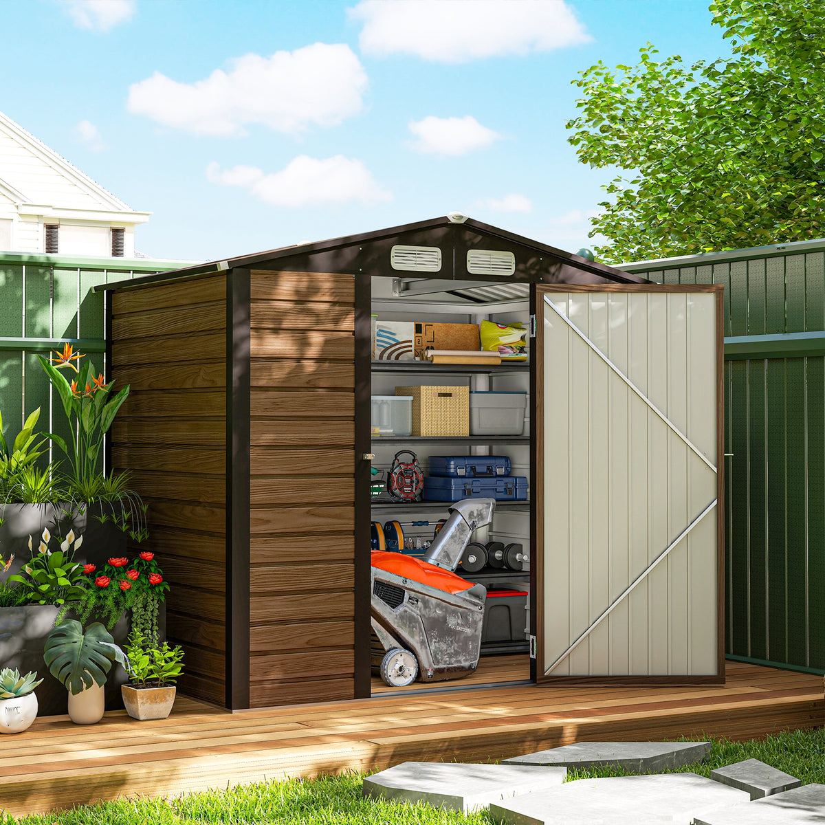 Outsunny 6.2 x 4.3ft Galvanised Steel Garden Shed with Vents & Sloped Roof – Outdoor Tool Storage, Oak