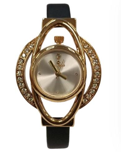 Clasico Ladies Bling Watch – Gold Dial, Black Leather Strap, Water Resistant