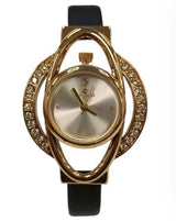 Clasico Ladies Bling Watch – Gold Dial, Black Leather Strap, Water Resistant
