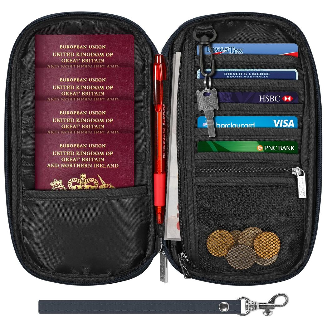 VINSANI Deluxe Passport & Travel Document Organiser with Card Slots & Zip – Navy Blue