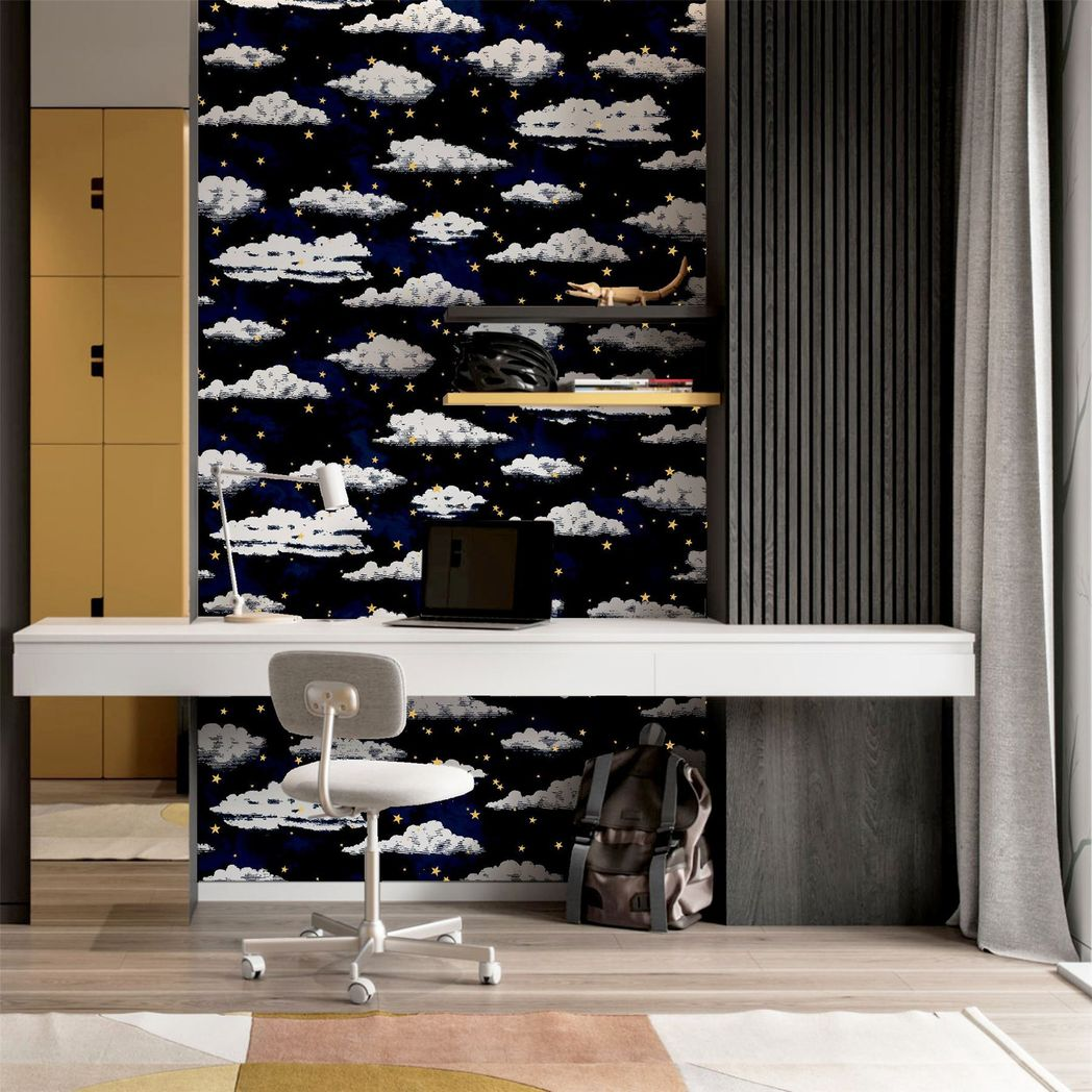 Arthouse Stars and Clouds Wallpaper with Gold Metallic Stars – Children's Nursery Design, Navy