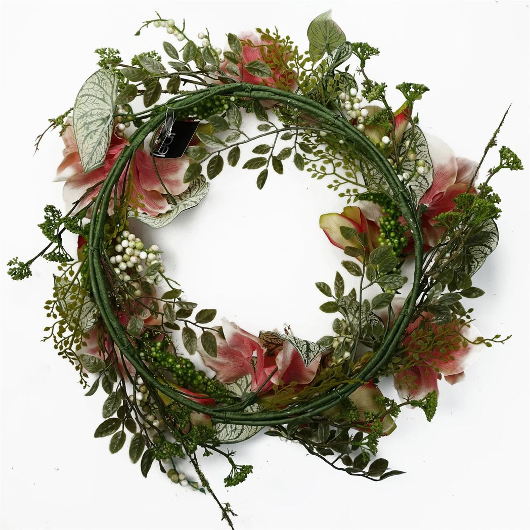 Leaf Luxury Artificial Pink Lily Wreath – 60cm Floristry Door Wreath with Woven Base