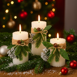 Set of 3 Winter Themed LED Candles with Hemp Wrap, Faux Greenery & Silver Berries