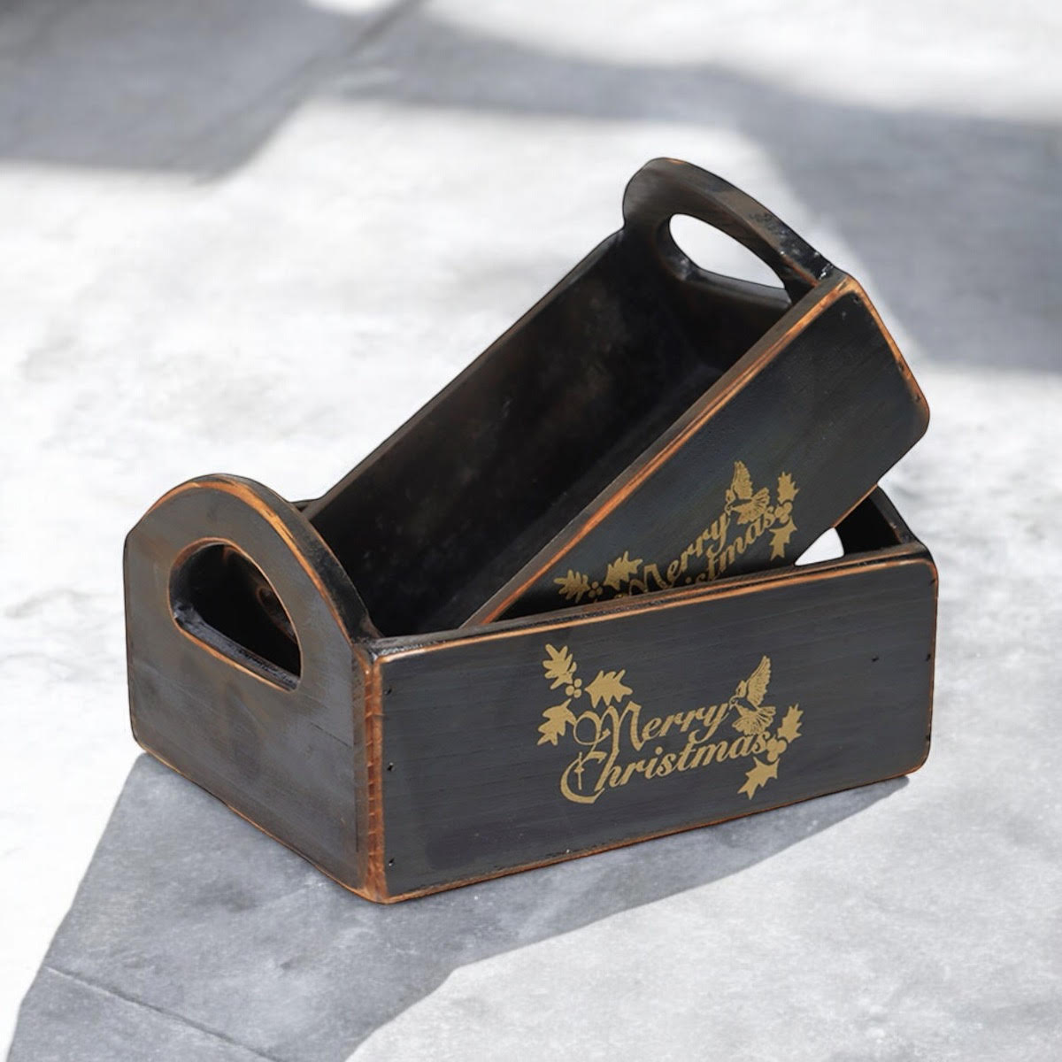 AcaciaHome Vintage 'Merry Xmas' Wooden Storage Crates, Set of 2 – Stackable with Handles, Black