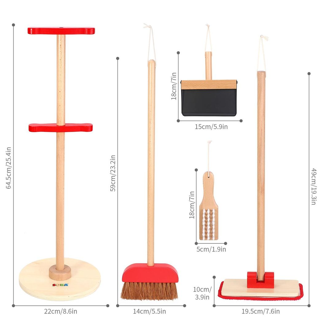 Lelin Kids Wooden Cleaning Play Set with Broom, Mop, Dustpan, Brush and Stand – Pretend Play Toy, 11 Pieces