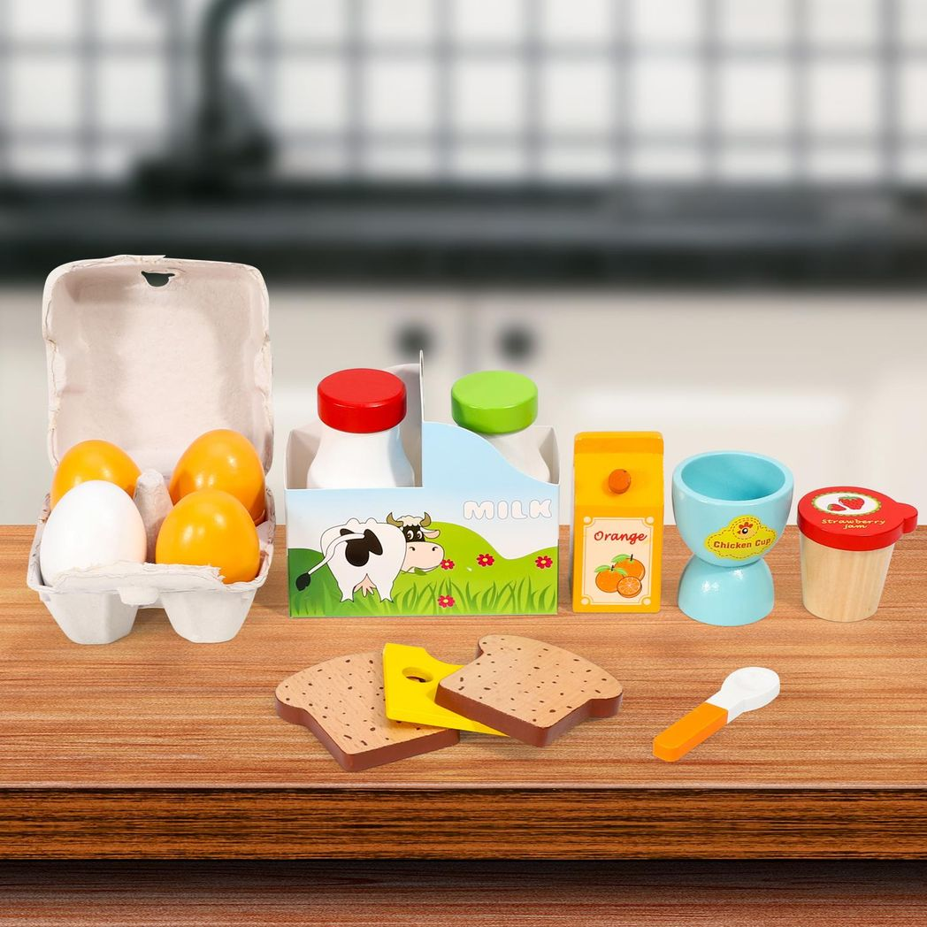 SOKA Wooden Breakfast Play Set with Eggs, Toast, Juice and Jam – Pretend Play Food for Kids