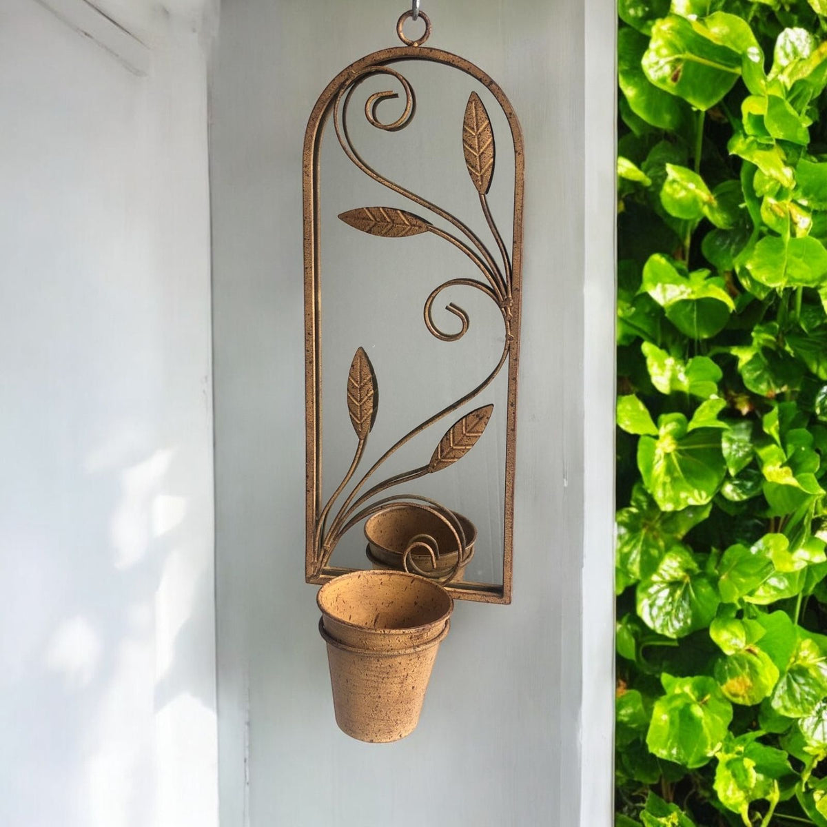 Rusty Arched 60cm Metal Garden Wall Mirror with Planter