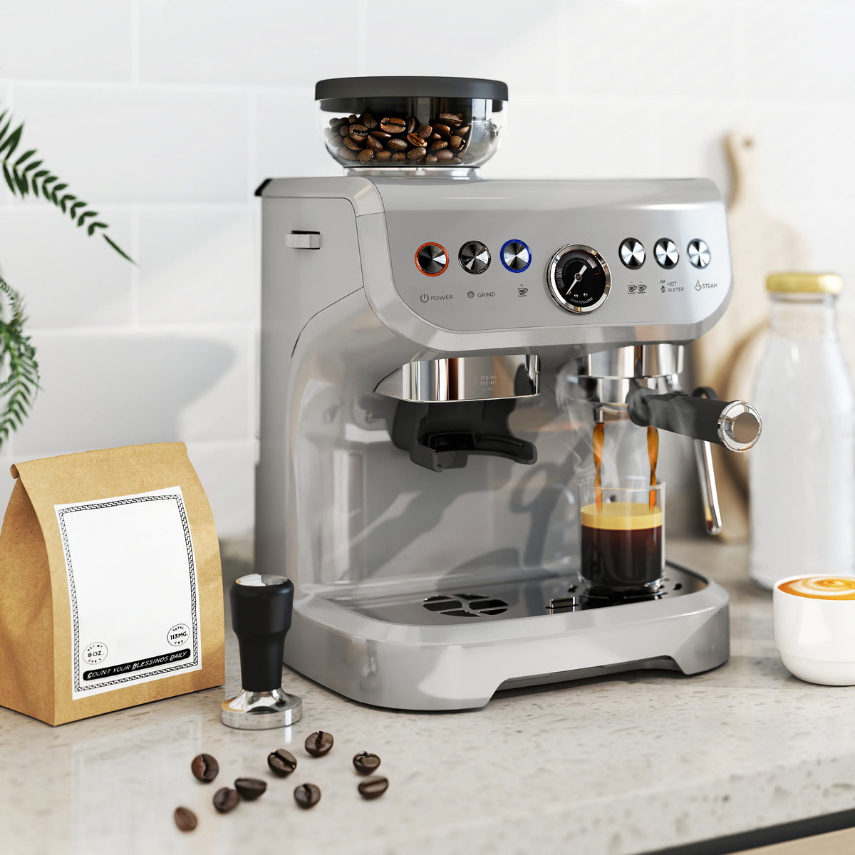 HOMCOM 15 Bar Espresso Machine with Bean Grinder & Steam Wand – Cup Warmer, Silver
