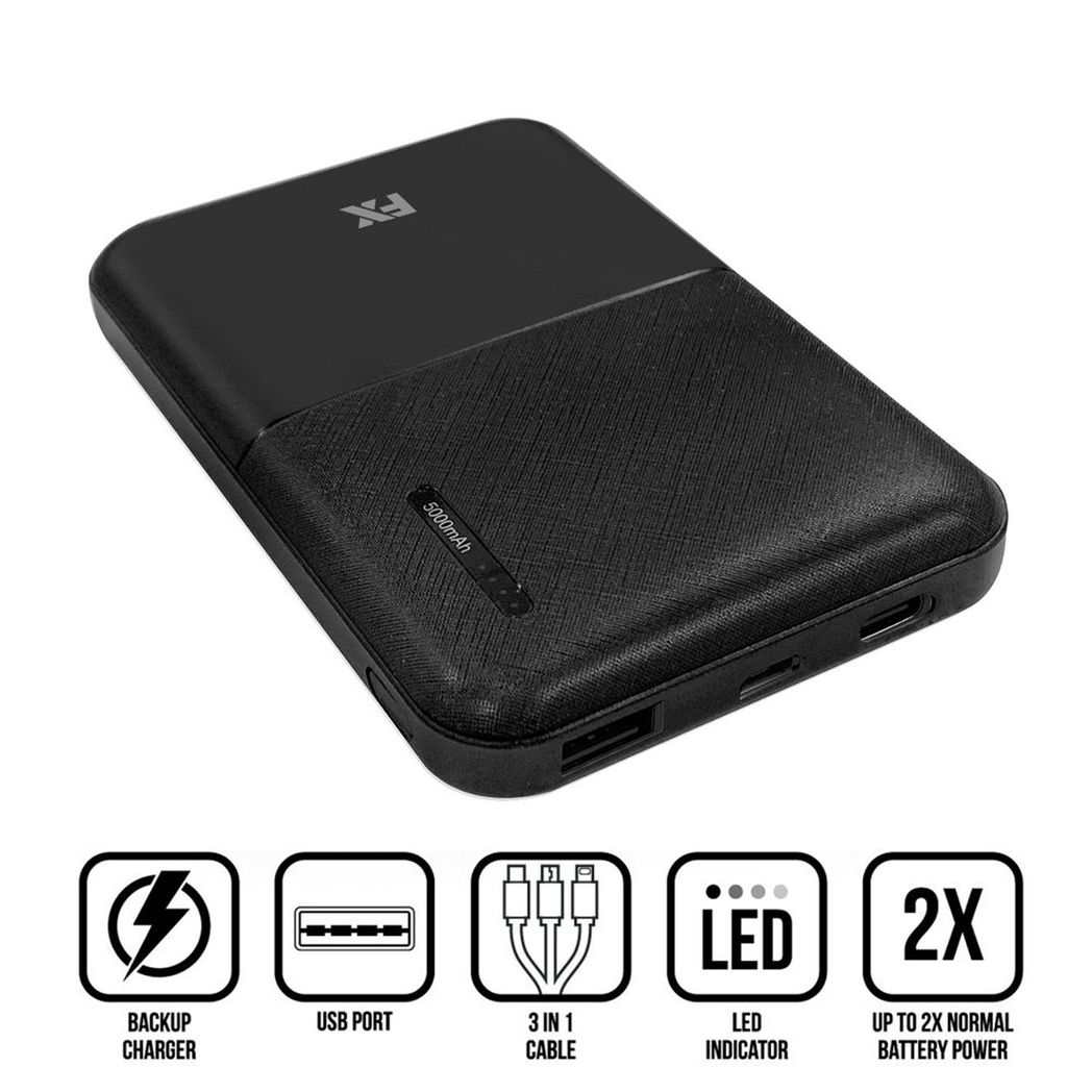 FX Power Bank 5000mAh with USB-C Input, 2 USB Outputs & LED Indicator – Portable Smartphone Charger, Black
