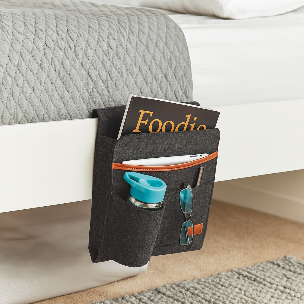 Avilo Bed Pocket Organiser – Bedside Storage for Glasses, Remote Controls & Books