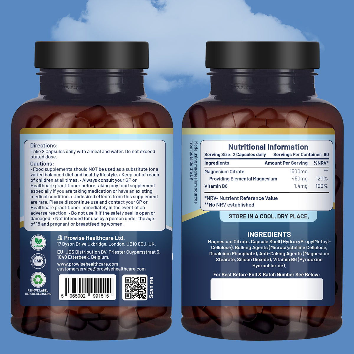 Prowise Magnesium Citrate Capsules 1500mg with Vitamin B6 – 120 Vegan Capsules, 450mg Elemental Mg