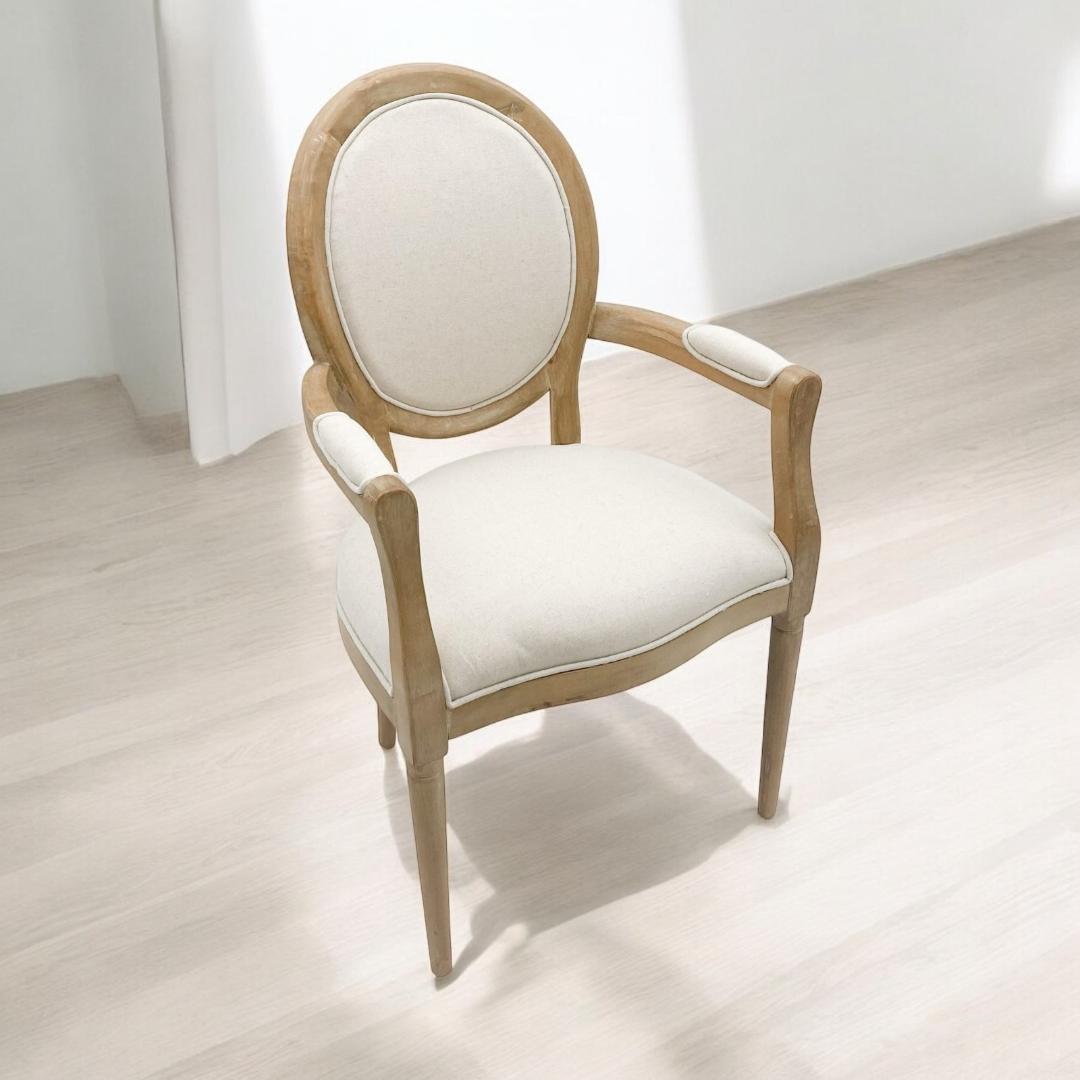Louis Style 94cm High Back Linen Armchair with Oak Frame – Dining or Accent Chair, Cream
