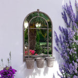 AcaciaHome Vintage Rusty Metal Wall Mirror with Triple Planter 3 Pots Holder – 70cm Arch Design