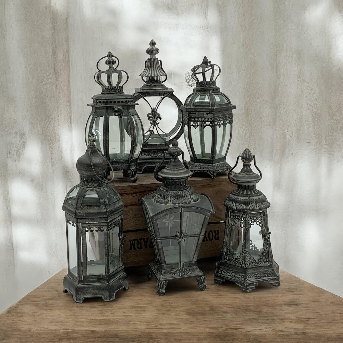Grey Metal Tealight Lantern Set of 6 with Glass Panels – Art Deco Candle Holders for Home & Garden, 32–42cm
