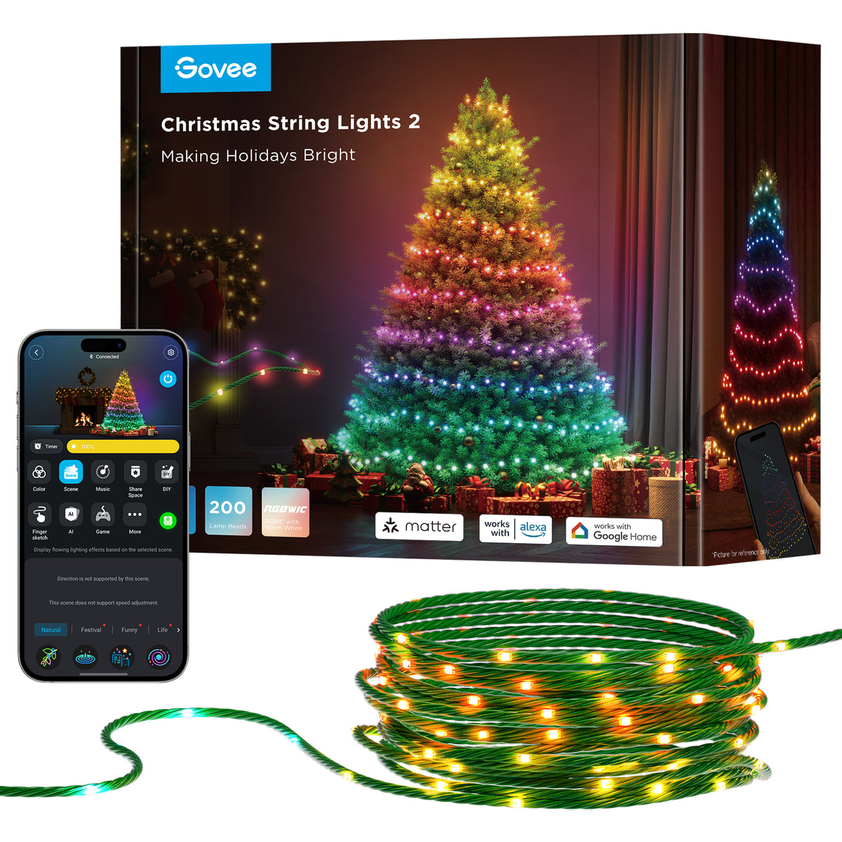 Govee Christmas String Lights RGBICW, 20m IP65 – 130+ Preset Modes with Music Sync