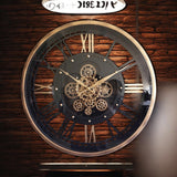 AcaciaHome Round Wall Clock with Roman Numerals and Moving Gears – Industrial Quartz Clock, Black & Gold 60cm