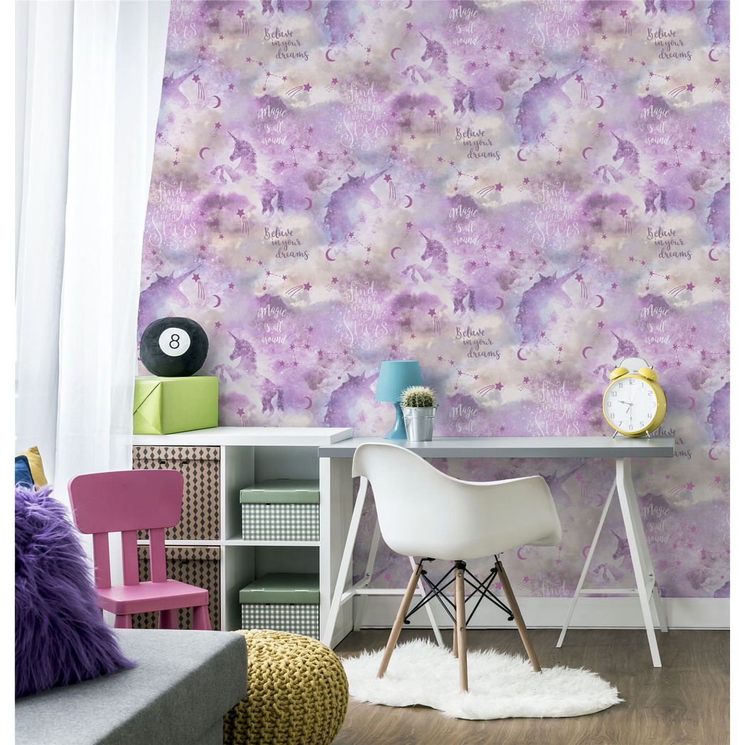 Arthouse Galaxy Unicorn Vinyl Wallpaper with Soft Glitter – Paste the Paper Kids Room Covering, Blush Multi