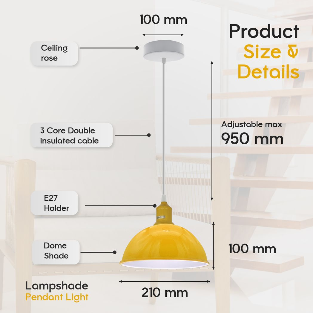 Yellow Dome Metal Pendant Shades, 21cm – 2 Pack