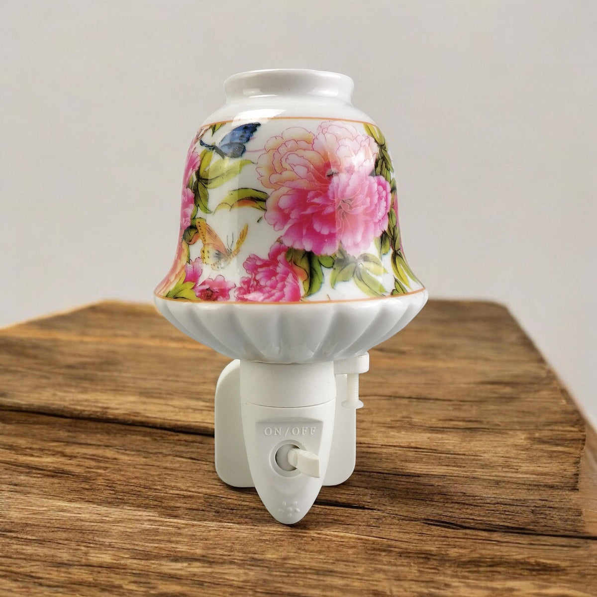 AcaciaHome Ceramic Plug-In LED Night Light with Colourful Floral Design – Bedroom and Hallway Light, Pink