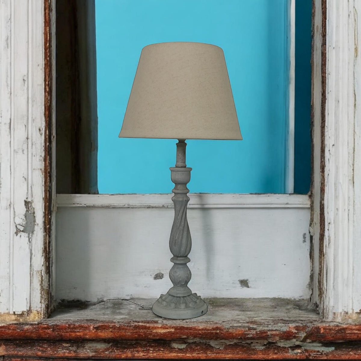 AcaciaHome Tall Washed Wood Table Lamp with Taupe Linen Shade – Shabby Chic & Farmhouse Lighting