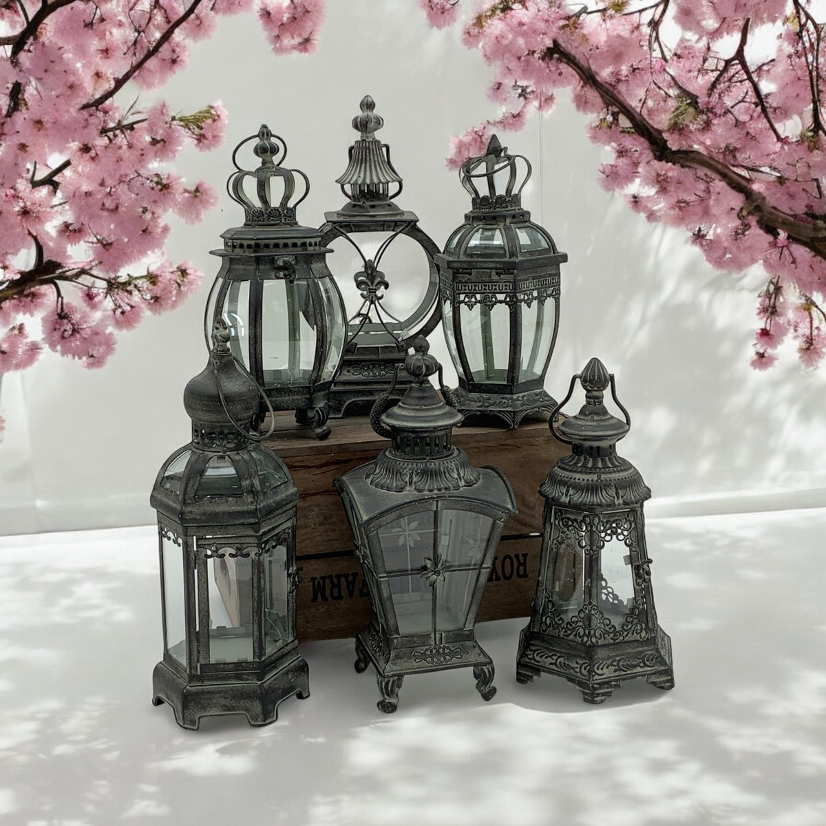 Grey Metal Tealight Lantern Set of 6 with Glass Panels – Art Deco Candle Holders for Home & Garden, 32–42cm